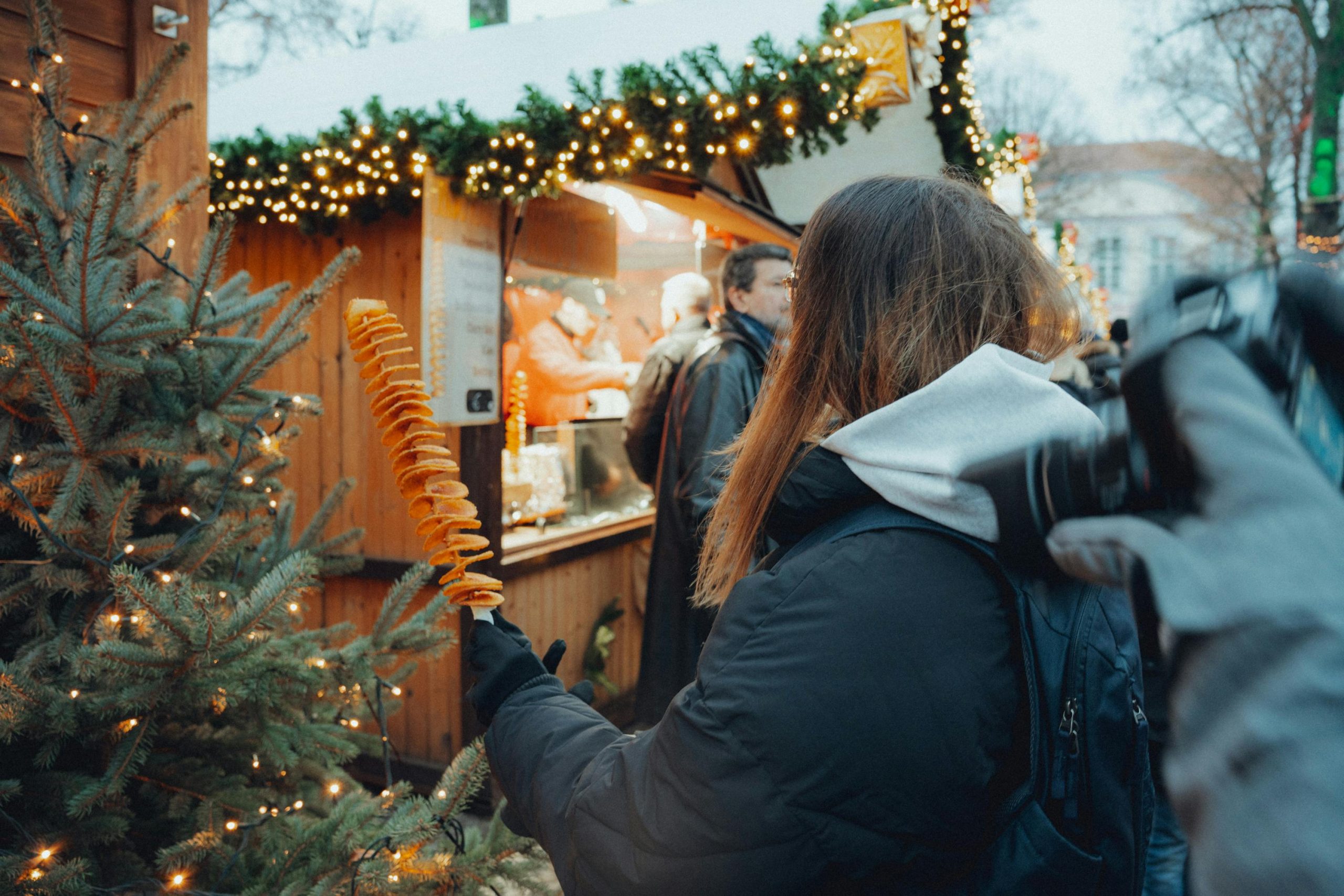 Winter Market Scene with Spiral Potato Snack