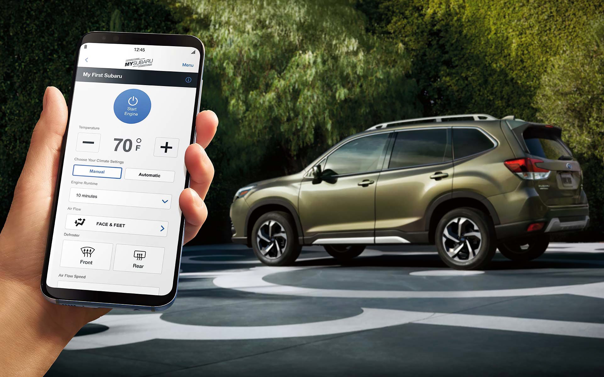 A close-up of a phone showing the Remote Engine Start with Climate Control feature of SUBARU STARLINK® Safety and Security available on the 2022 Forester. | John Kennedy Subaru in Plymouth Meeting PA
